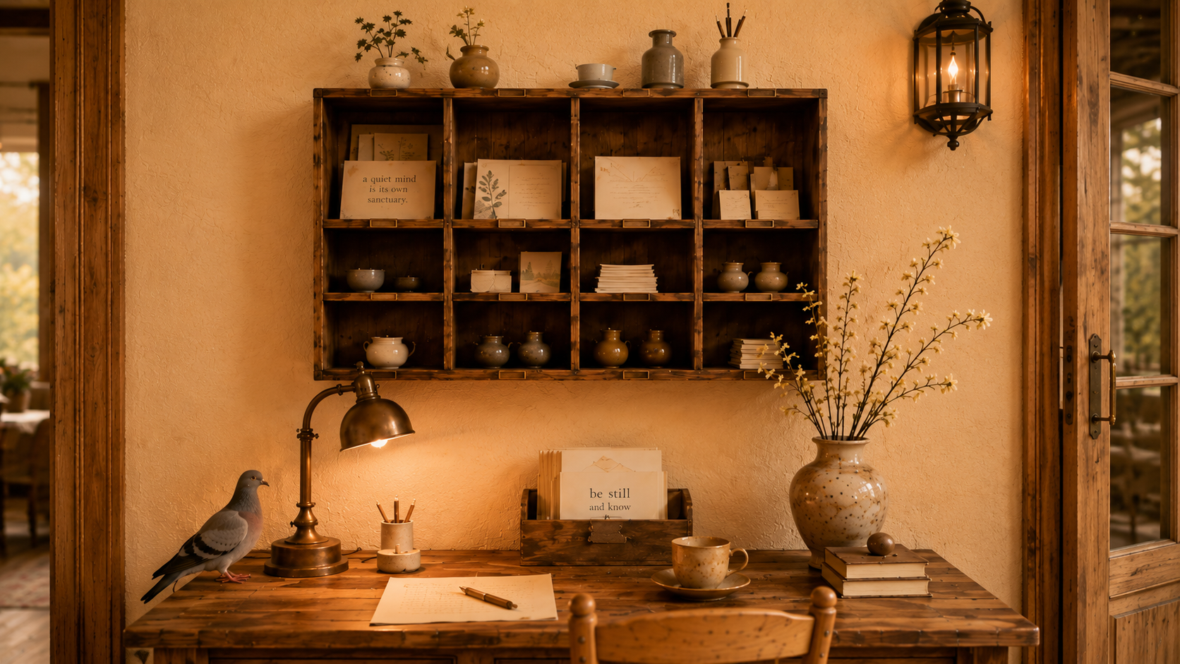 Een warme schrijftafel met brieven, een wandkastje en een duif in het Huis van Nondualiteit.