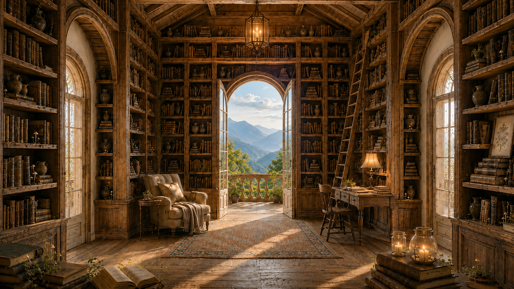 Een warme bibliotheek in Het Huis van Nondualiteit, met boeken, een schrijftafel, subtiele groei uit open boeken en uitzicht op de bergen.