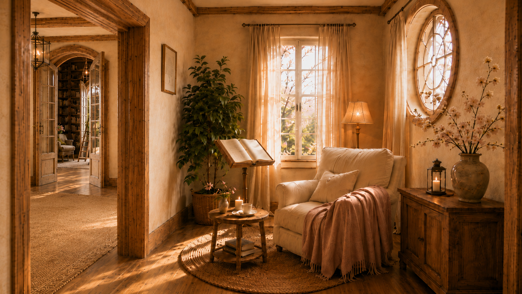 A warm quiet reading room in The House of Nonduality, with an open book, an armchair, candlelight and soft afternoon sun.